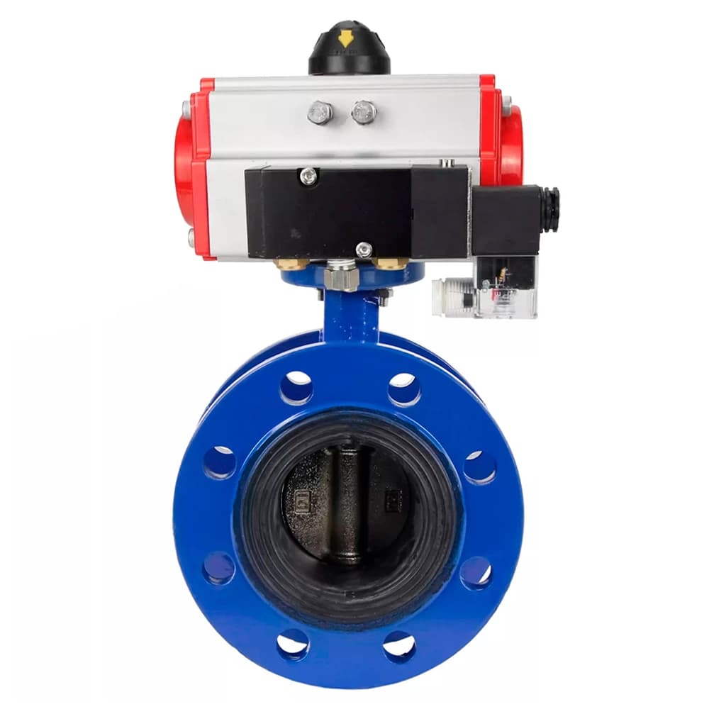 Затвор дисковый поворотный GGG40-304-EPDM-2W-F-H Ду125 Ру16 корпус чугун GGG40, диск нержавеющая сталь 304, уплотнение EPDM, с пневмоприводом DA-130 и пневмораспределителем PND2-S1EM-52-1NC-J08-220VAC