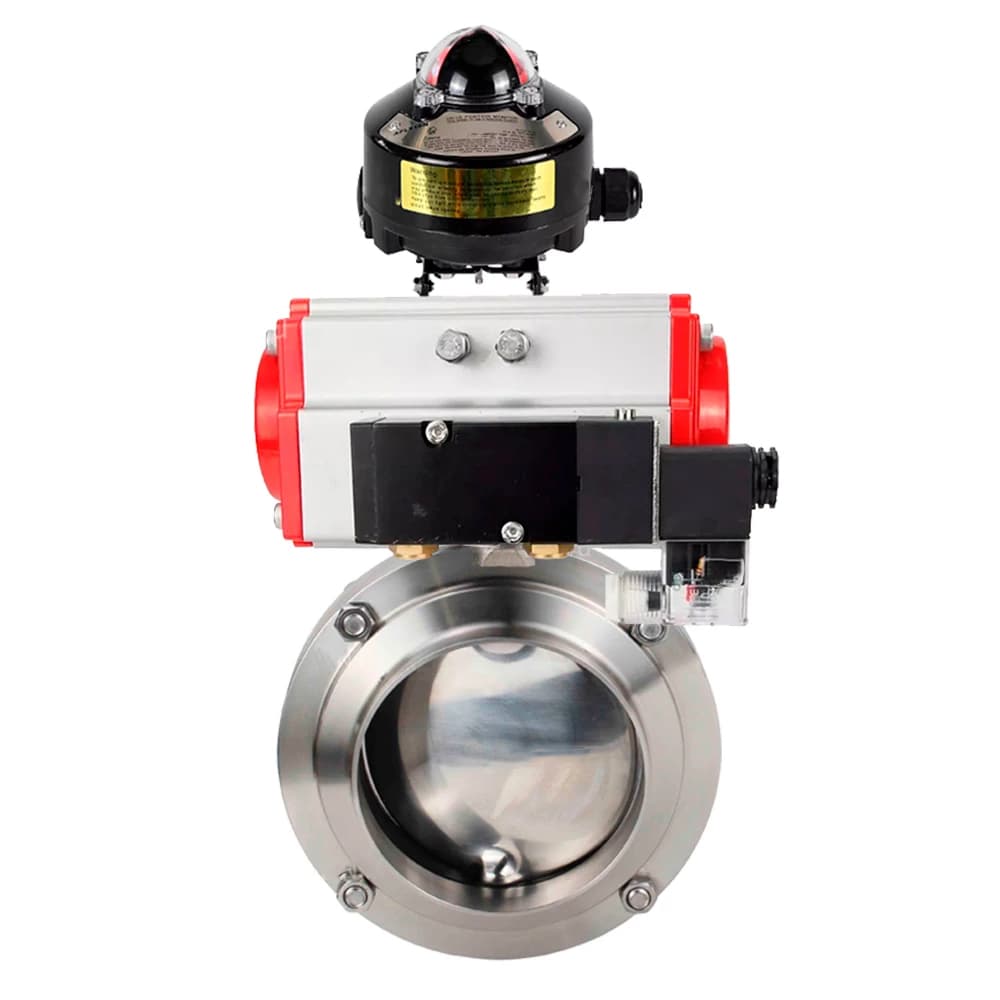 Затвор дисковый поворотный 304-304-Sil-2W-W-H Ду20 Ру10 пищевая нержавеющая сталь 304, уплотнение Silicon, с пневмоприводом DA-065, пневмораспределителем PND2-S1EM-52-1NC-J08-220VAC и БКВ LSB-510-02ExM12-250