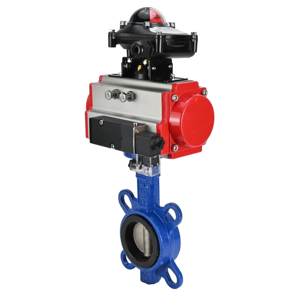 Затвор дисковый поворотный WCB-316L-EPDM Ду50 Ру16, корпус углеродистая сталь WCB, диск нержавеющая сталь 316L, уплотнение EPDM, пневмопривод DA-065, пневмораспределитель PND2-S1EM-52-1NC-J08-220VAC, с БКВ LSB-210-02NM12-220/24