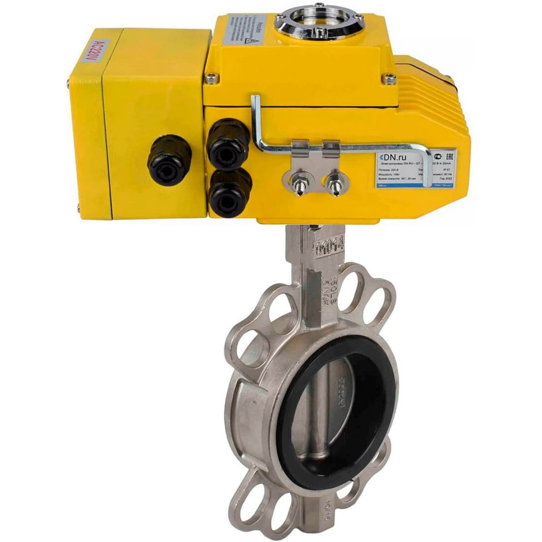 Затвор дисковый поворотный 304-304-VITON-2W-Fb-H Ду80 Ру16 межфланцевый, корпус нержавеющая сталь 304, диск нержавеющая сталь 304, уплотнение VITON, с электроприводом QT-005-220В-4-20мА-DAR