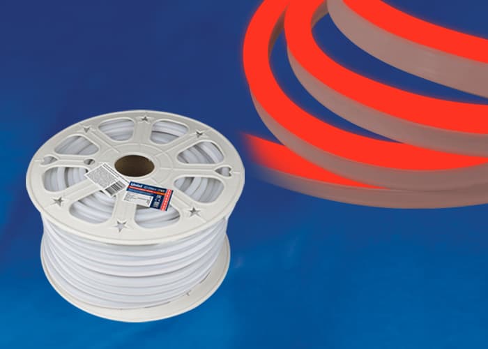 Лента светодиодная гибкая герметичная ULS-N21-2835-120LED/m-8mm-IP67-220V-8W/m-50M-RED. NEON. Бобина 50 м. Красный свет