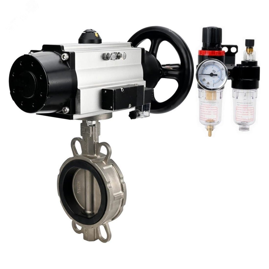 Затвор дисковый поворотный 304-304-VITON-2W-Fb-H Ду150 Ру16 межфланцевый, корпус нержав.сталь 304, диск нержав.сталь 304, VITON, с пн.приводом DA-105, пн.распределителем PND2-S1EM-52-1NC-J08-220VAC NAMUR и БПВ