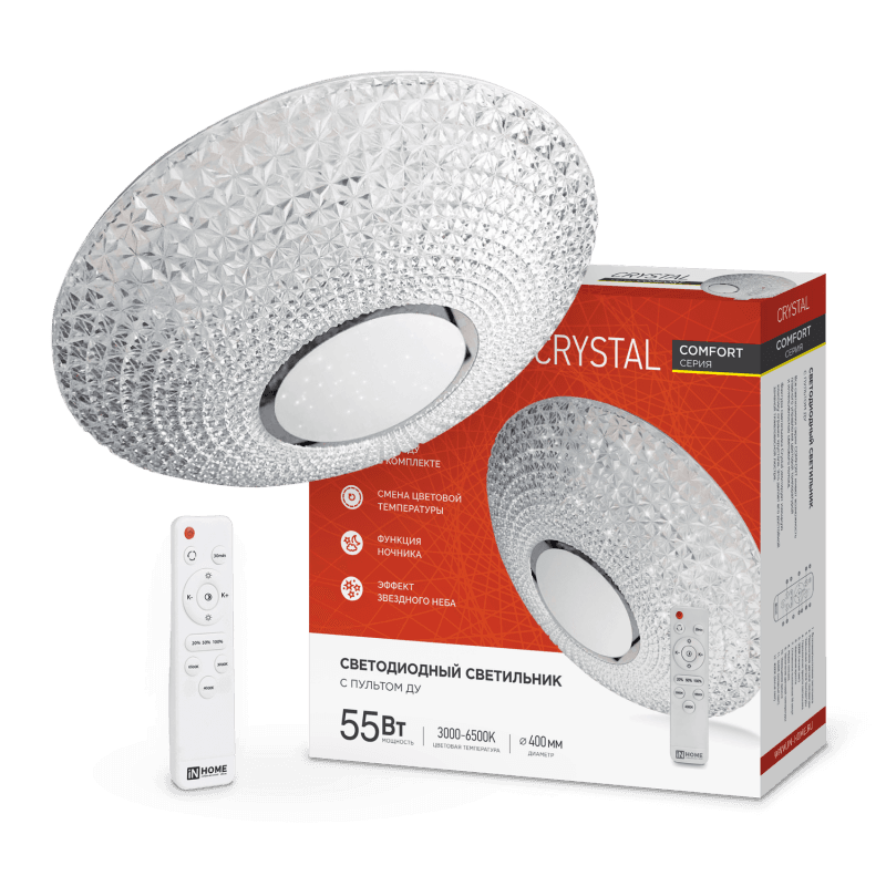 Светильник светодиодный COMFORT CRYSTAL 55Вт 230В 3000-6500K 4400Лм 415x115мм с пультом ДУ IN HOME