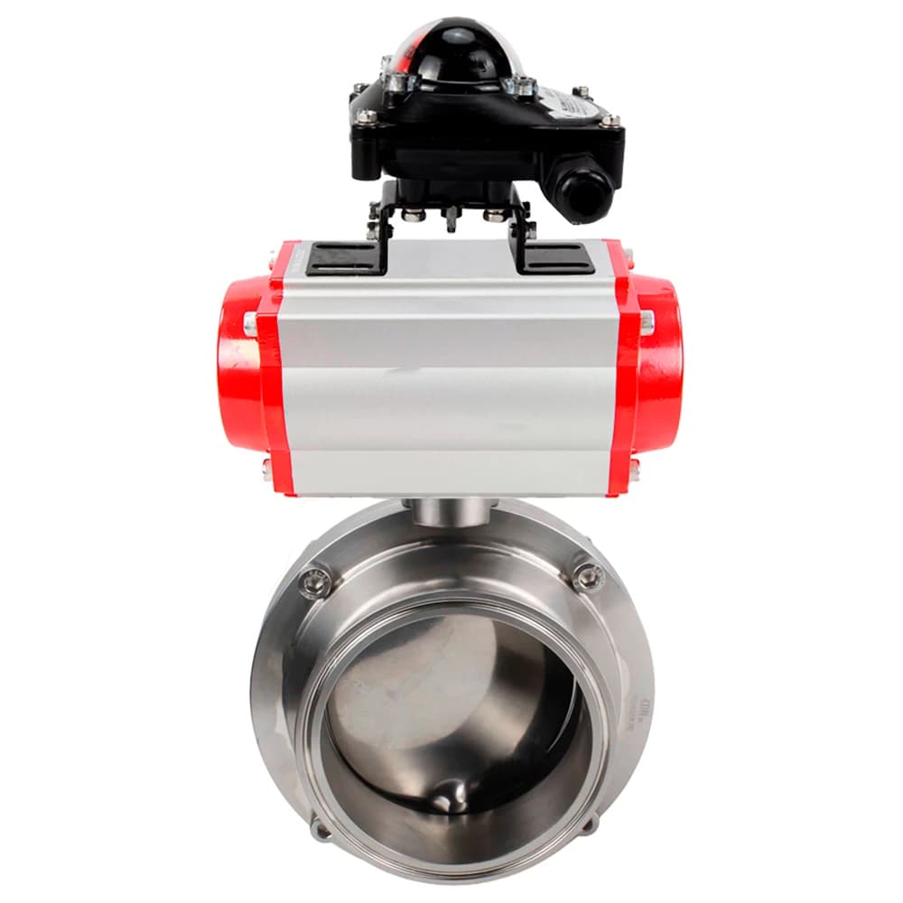 Затвор дисковый поворотный кламповый 304-304-Sil-2W-C-H Ду100 Ру10 корпус пищевая нержавеющая сталь 304, уплотнение Silicon, с пневмоприводом SA-083 и БКВ LSB-210-02NM12-220/24