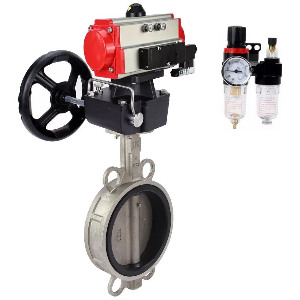Затвор дисковый поворотный 316-316-VITON-2W-Fb Ду100 Ру16, нержавеющая сталь 316L, уплотнение VITON, с пневмоприводом DA-083, с пневмораспределителем PND1-S2EM-52-2-T10-220VAC, ручным дублером HDM-2, БПВ APU1-10-40-V08