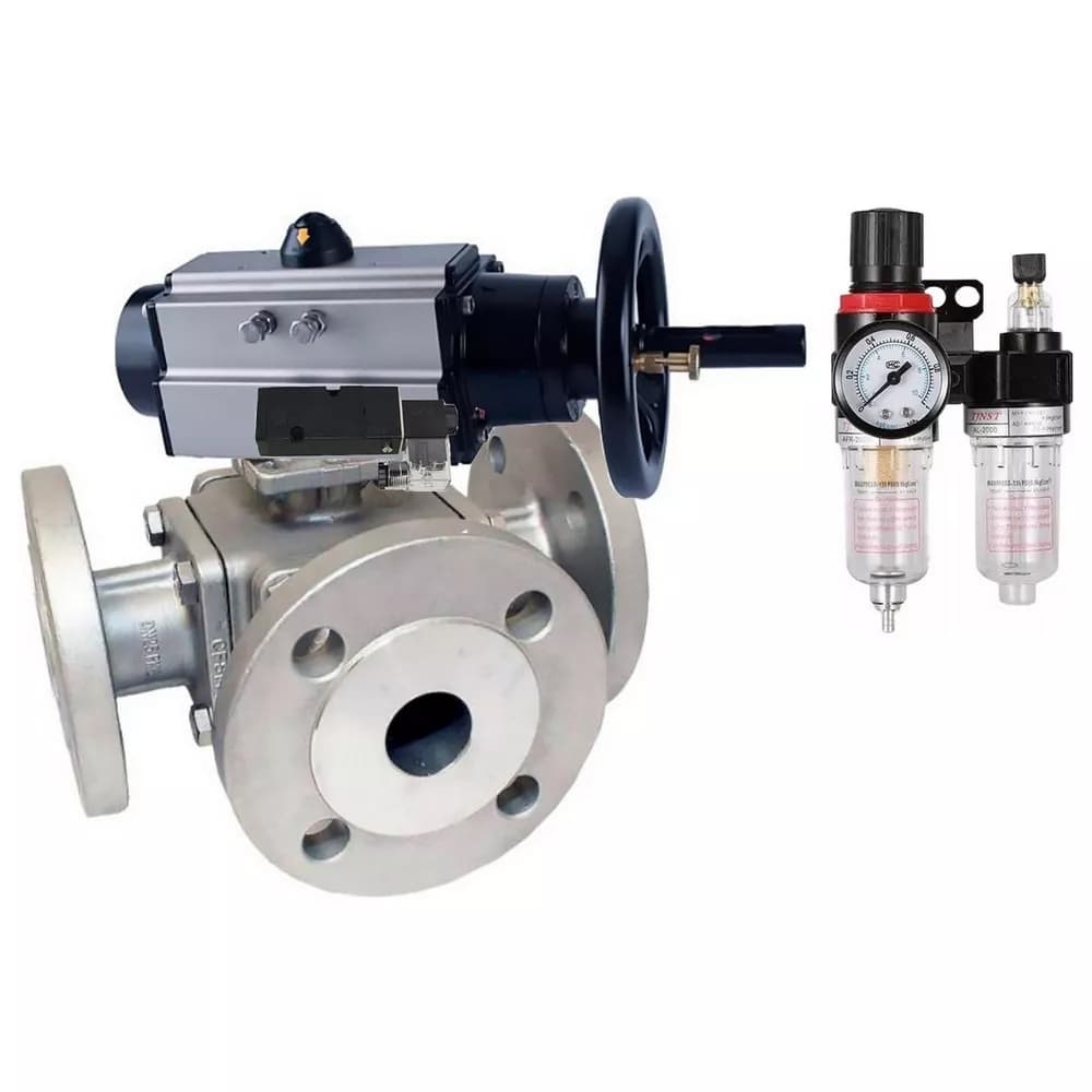 Кран шаровой 316-316-PTFE Ду100 Ру16 полнопроходной, тип L, фланцевый, нержавеющая сталь, ISO-фланец F10/F12, квадрат 22х22, пневмопривод PA-DA-105-1 двойного действия, пневмораспределитель PND1-S2EM-52-2-T08-220VAC 220В, БПВ APU1-10-40-V08