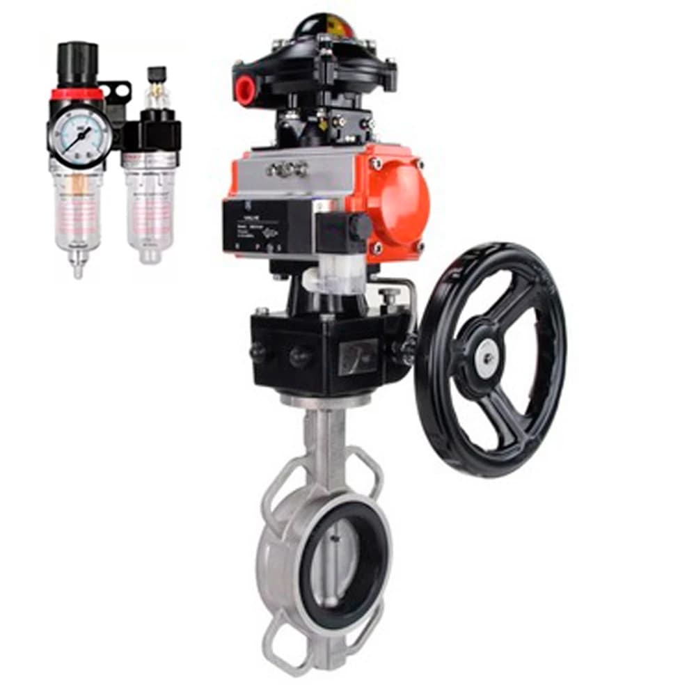 Затвор дисковый поворотный 304-304-VITON-2W-Fb-H Ду200 Ру16, нержавеющая сталь 304, VITON, с пневмоприводом DA-140, пневмораспределителем PND1-S2EM-52-2-T08-220VAC, БКВ LSB-510-02ExM12-250, ручным дублером HDM-4 и БПВ APU1-10-40-V08