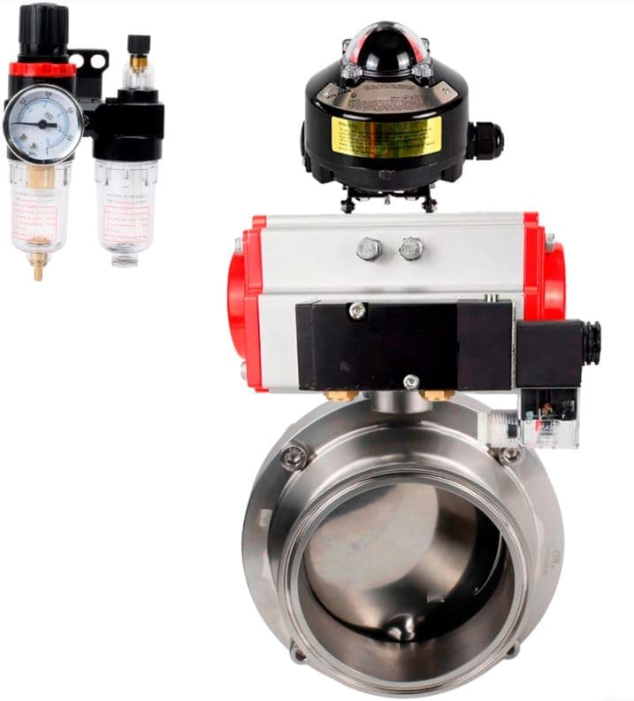 Затвор дисковый поворотный 304-304-Sil-2W-T-H Ду50 Ру10 пищевая нержавеющая сталь 304, уплотнение Silicon, с пневмоприводом SA-065, пневмораспределителем PND2-S1EM-52-1NC-J08-24VDC, БКВ LSB-510-02ExM12-250 и БПВ APU1-10-40-V08
