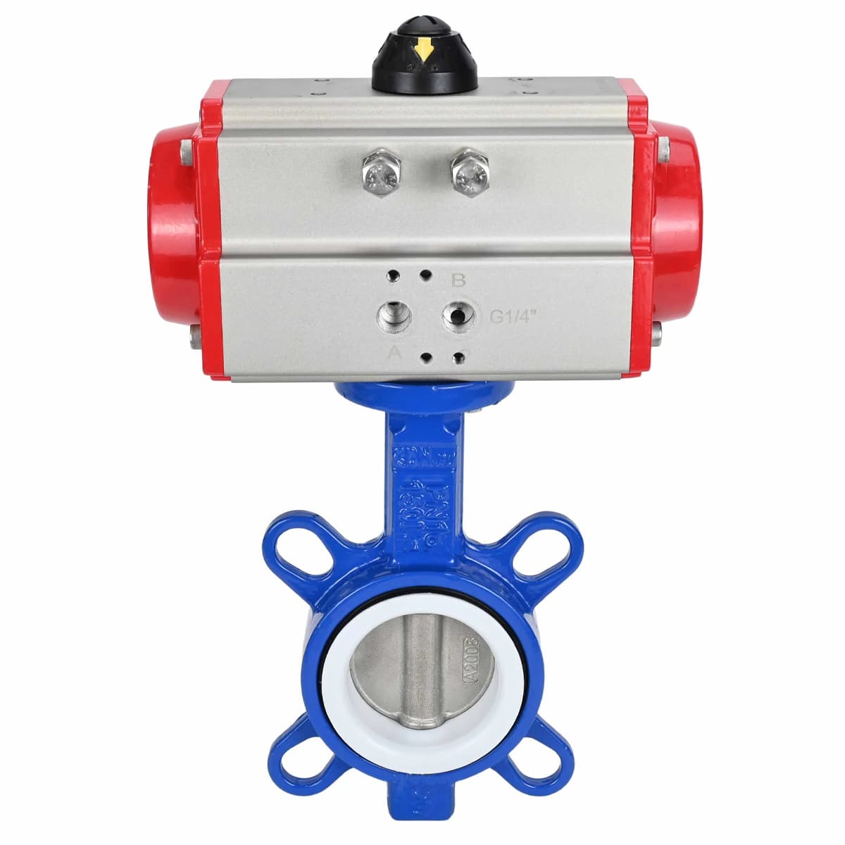 Затвор дисковый поворотный WCB-316L-PTFE Ду100 Ру16, корпус углеродистая сталь WCB, диск нержавеющая сталь 316, уплотнение PTFE, с пневмоприводом DA-105 двойного действия