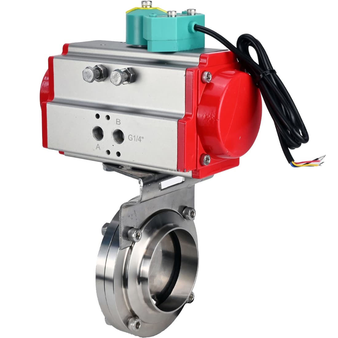 Затвор дисковый поворотный 304-304-Sil-2W-W-H Ду65 Ру10 под приварку, корпус пищевая нержавеющая сталь 304, уплотнение Silicon, с пневмоприводом SA-083 и магнитным переключателем МППП-200
