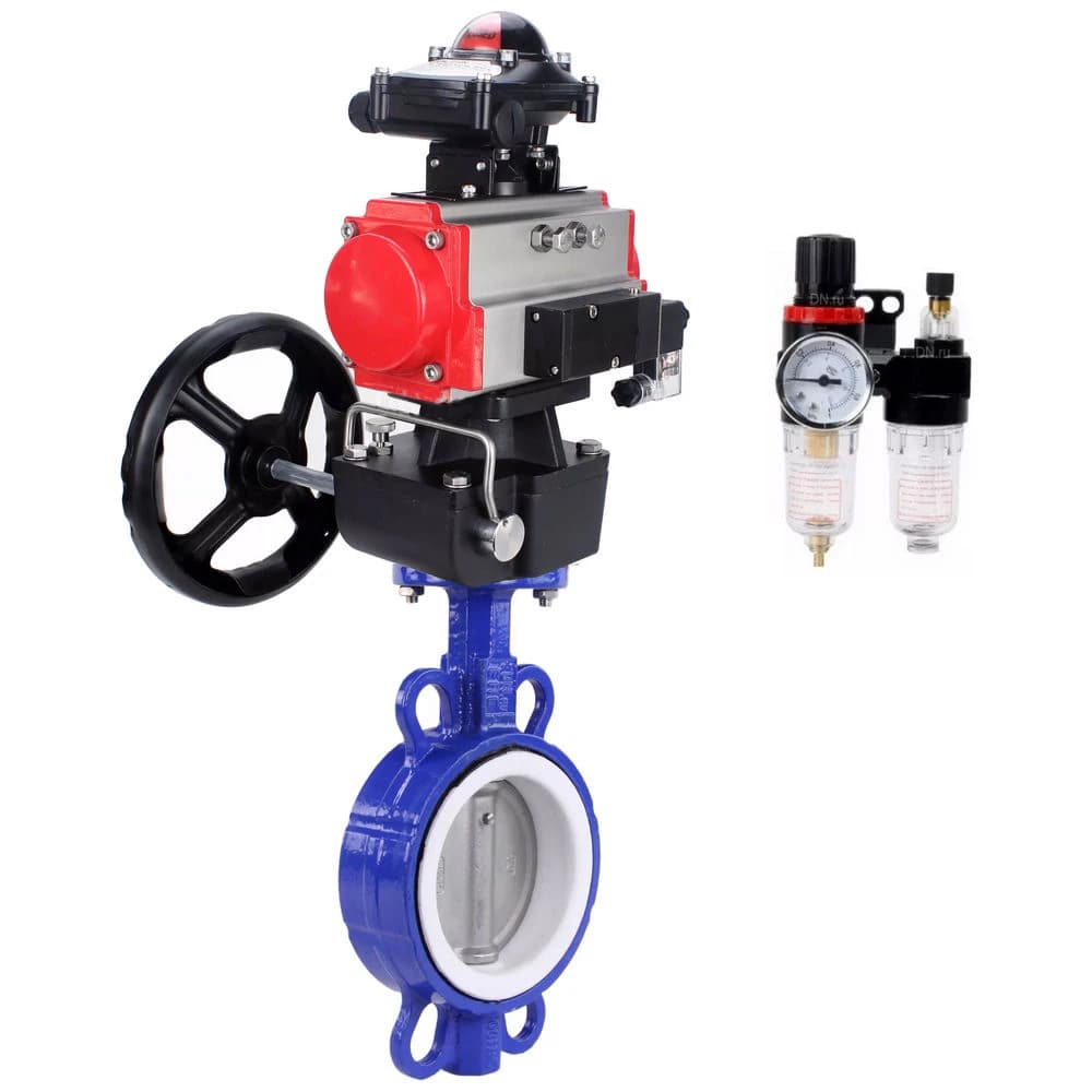 Затвор дисковый поворотный WCB-316-PTFE-2W-Fb Ду80 Ру16, корпус углеродистая сталь WCB, PTFE, с пневмоприводом DA-083, с пневмораспределителем PND1-S2EM-52-2-T10-220VAC, БКВ LSB-210-02NM12-220/24, ручным дублером HDM-2, БПВ APU1-10-40-V08