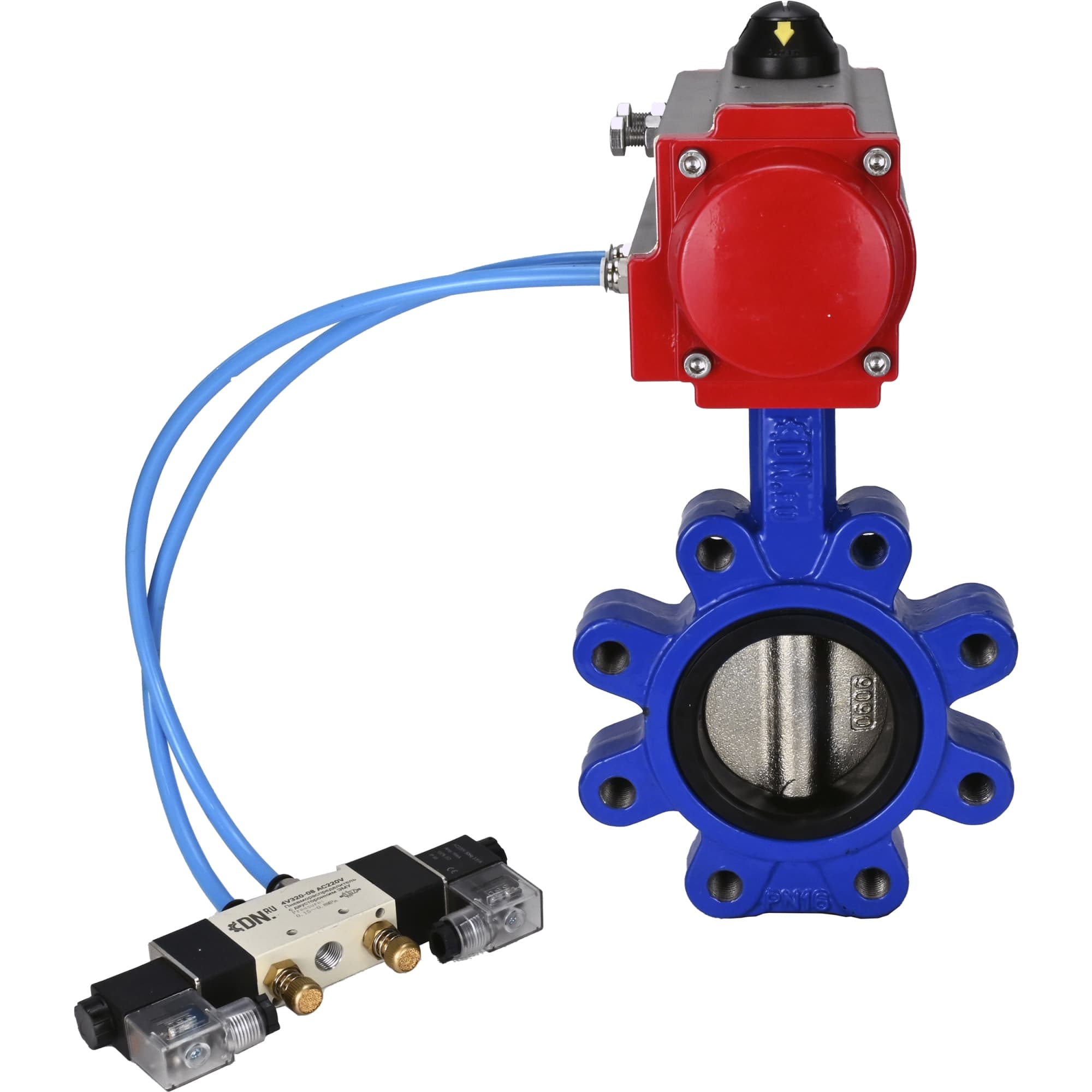 Затвор дисковый поворотный QT450-QT450-NBR-2W-Fb-H Ду125 Ру16 корпус чугун QT450, диск чугун QT450, уплотнение NBR, с пневмоприводом DA-105 и пневмораспределителем PND1-S2EM-52-2-T10-220VAC