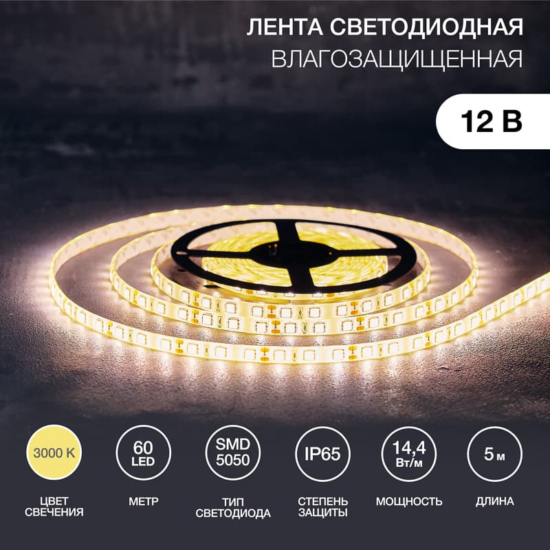 Лента LED силикон, 10 мм, IP65, SMD 5050, 60 LED/m, 12 V, цвет свечения теплый белый