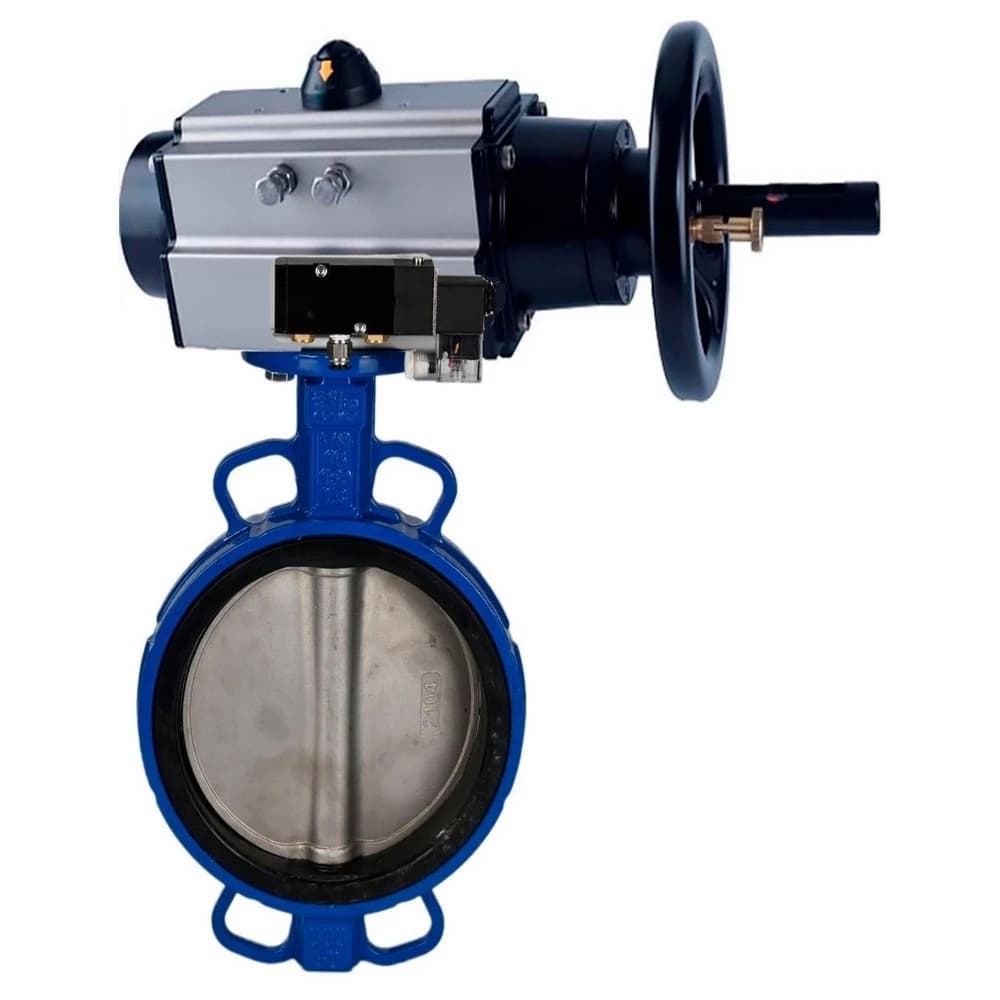 Затвор дисковый поворотный GGG50-316L-EPDM Ду150 Ру16, корпус чугун GGG50, диск нержавеющая сталь 316L, уплотнение EPDM, с пневмоприводом DA-105-1 двойного действия, с пневмораспределителем PND2-S1EM-52-1NC-J08-24VDC