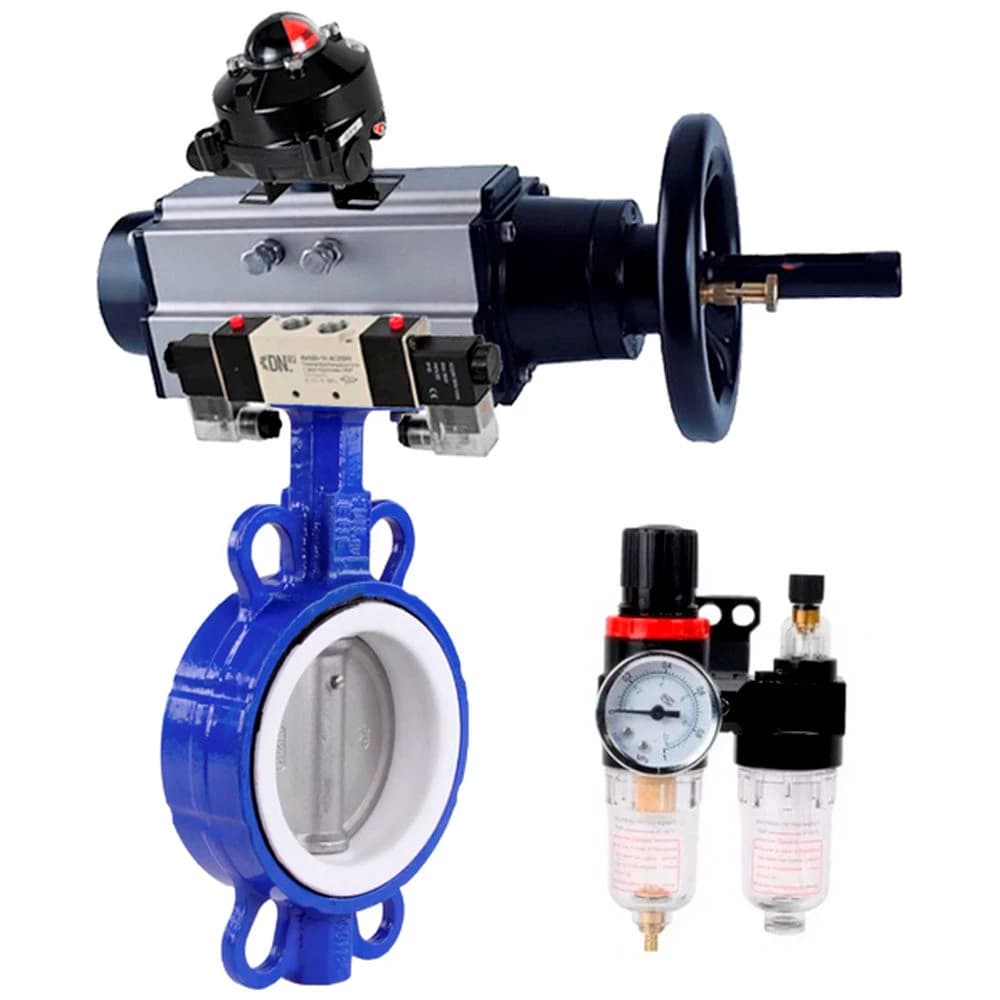 Затвор дисковый поворотный WCB-316-PTFE-2W-Fb Ду40 Ру16, корпус углеродистая сталь WCB, уплотнение PTFE, с пневмоприводом DA-105-1, с пневмораспределителем PND1-S2EM-52-2-T08-220VAC, БКВ LSB-410-02ExM12-250, БПВ APU1-10-40-V08