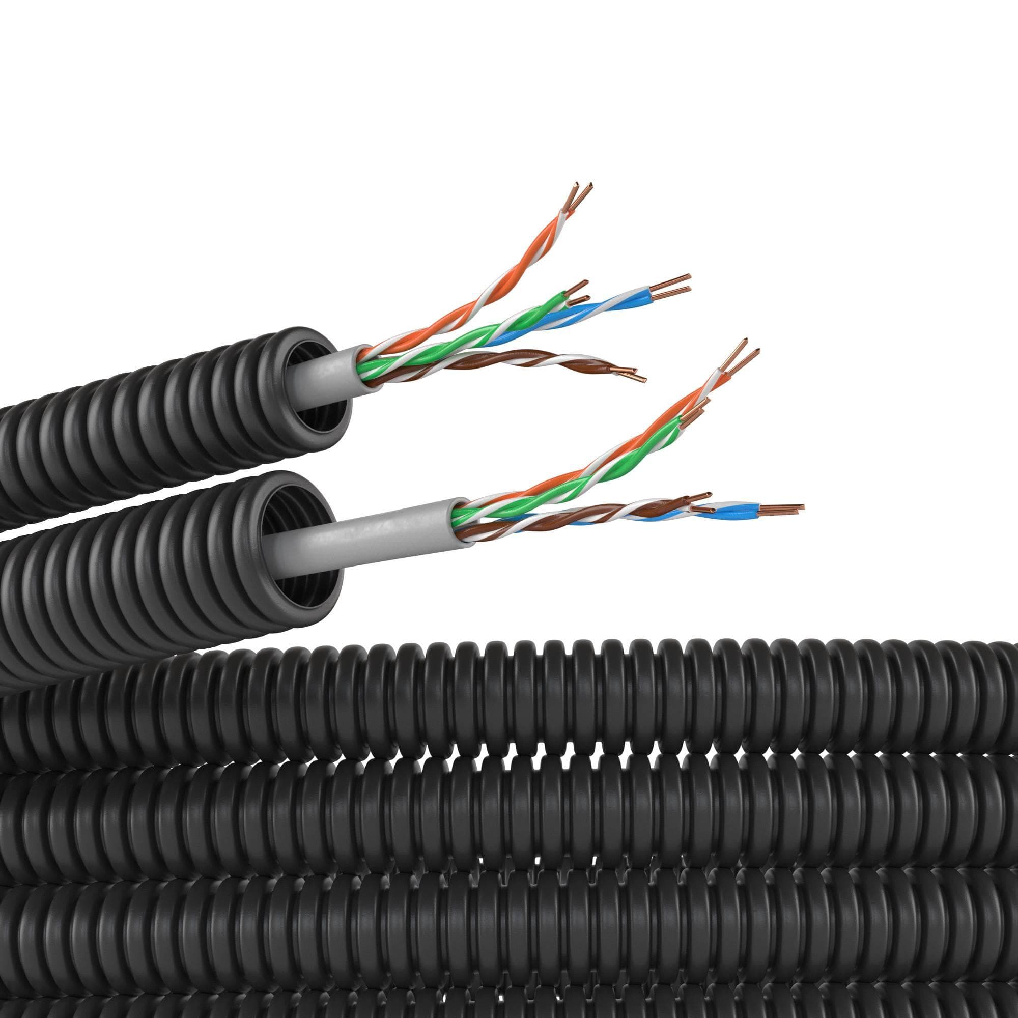 Электротруба ПНД гибкая гофрированная д. 16 мм, безгалогеновая, УФ стойкая, цвет чёрный, с кабелем витая пара 5EU/UTP нг(А)-HF, 50 м