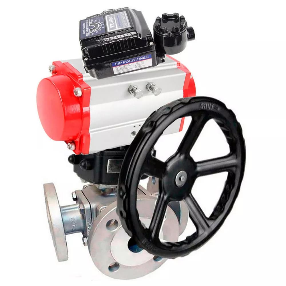 Кран шаровой 316-316-PTFE Ду15 Ру16 полнопроходной, тип L, фланцевый, корпус нержавеющая сталь SS316, ISO-фланец F03/F04 квадрат 9х9, пневмопривод DA-052 двойного действия, пневмопозиционером EPRP1-NU-0-08, ручной дублёр HDM-1