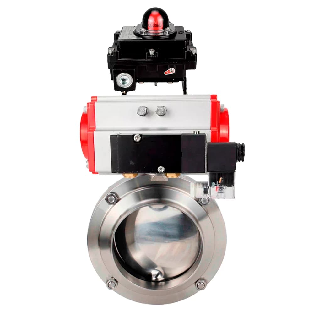 Затвор дисковый поворотный 304-304-EPDM-2W-W-H Ду100 Ру10 пищевая нержавеющая сталь 304, уплотнение EPDM, с пневмоприводом SA-083, пневмораспределителем PND2-S1EM-52-1NC-J08-24VDC и БКВ LSB-410-02ExM12-250
