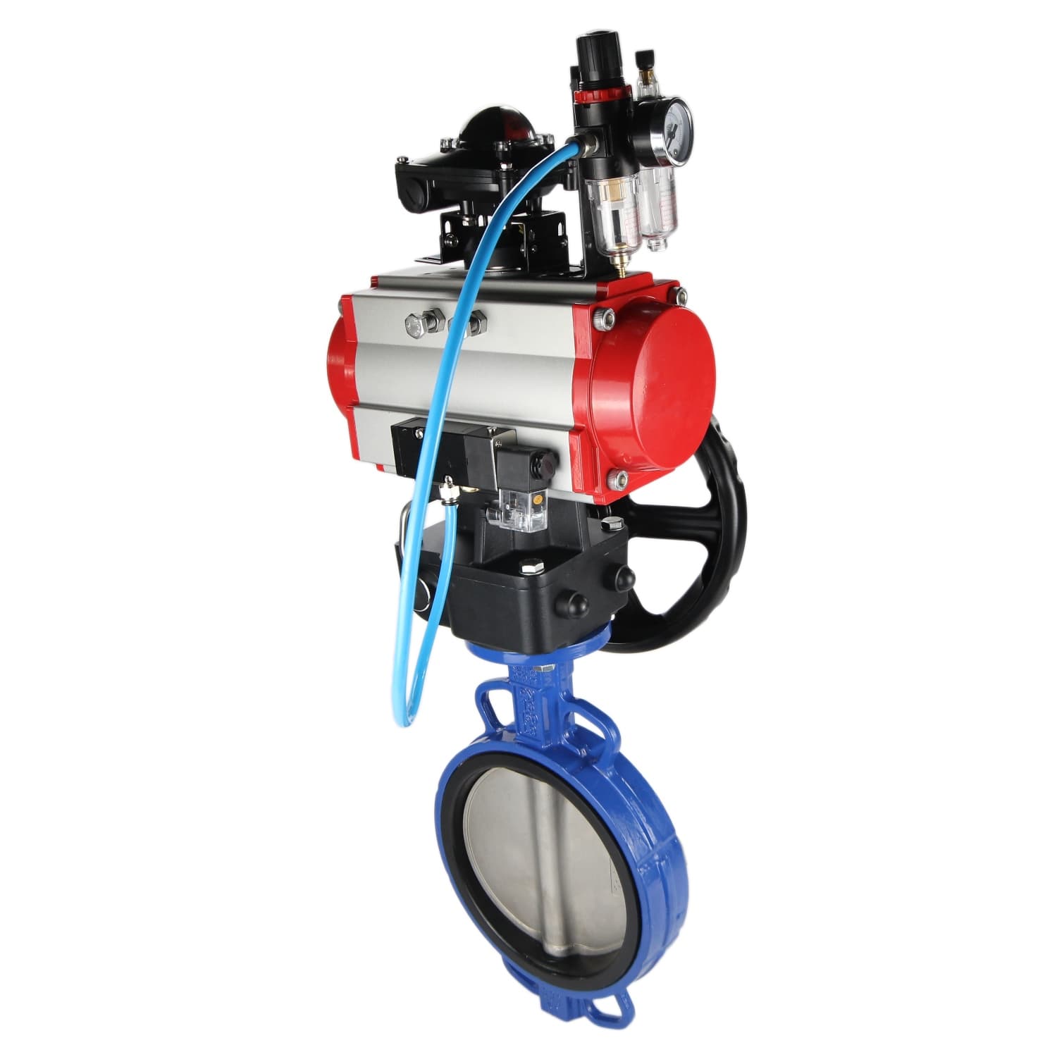 Затвор дисковый GGG50-GGG40-EPDM Ду100 Ру16, корпус чугун GGG50, диск чугун GGG40, уплотнение EPDM, пневмопривод DA-083, пневмораспределитель PND2-S1EM-52-1NC-J08-220VAC, БКВ LSB-210-02NM12-220/24, ручной дублёр HDM-2, БПВ APU1-10-40-V08