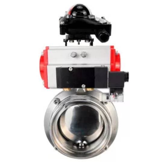 Затвор дисковый поворотный 304-304-EPDM-2W-T-H Ду80 Ру10 резьбовой, пищевая нержавеющая сталь 304, уплотнение – EPDM, с пневмоприводом DA-052, пневмораспределителем PND1-S2EM-52-2-T10-220VAC и БКВ LSB-210-02NM12-220/24