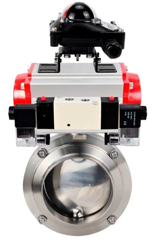 Затвор дисковый поворотный 304-304-Sil-2W-W-H Ду32 Ру10 пищевая нержавеющая сталь 304, уплотнение Silicon, с пневмоприводом DA-065, пневмораспределителем PND1-S2EM-52-2-T10-220VAC и БКВ LSB-210-02NM12-220/24