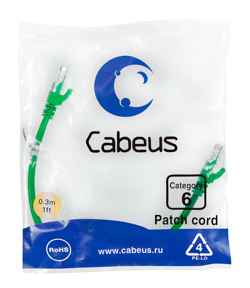 Патч-корд U/UTP, категория 6, 2xRJ45/8p8c, неэкранированный, зеленый, PVC, 0.3м