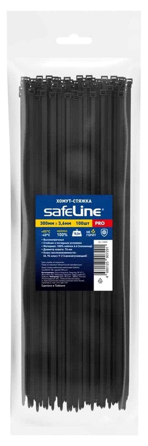 Хомут-стяжка кабельная нейлоновая Safeline 3,6x300-B-100, черная (100 шт.)
