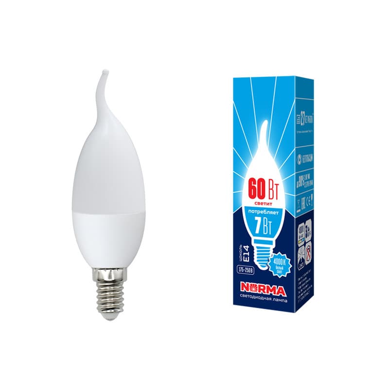Лампа светодиодная LED-CW37-7W/NW/E14/FR/NR . Форма свеча на ветру, матовая, Norma, белый свет (4000K), картон, ТМ Volpe