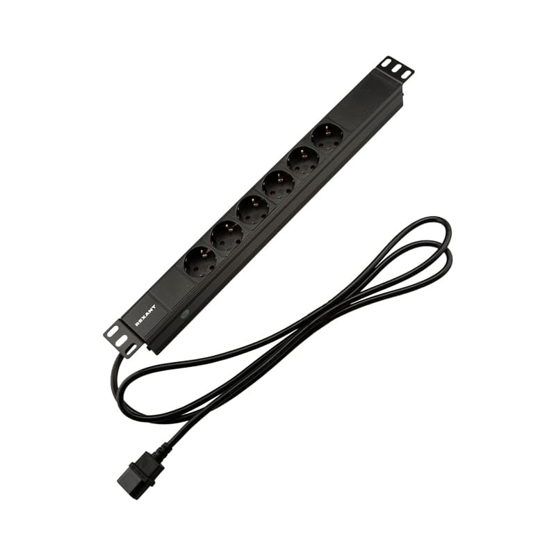 Блок розеток PDU горизонтальный 1U 6 розеток СЕЕ 7/4 Schuko 10A шнур 2м вилка C14 черный