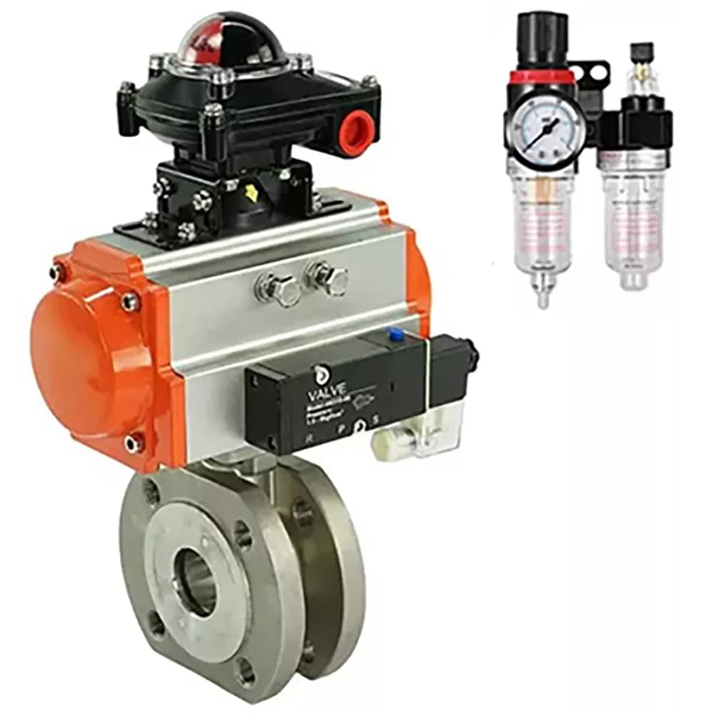 Кран шаровой КШмФП.316.200 Ду20 Ру16 межфланцевый, полнопроходной, нержавеющая сталь SS316, уплотнение PTFE, пневмопривод SA-052 пневмораспределитель PND2-S1EM-52-1NC-J08-24VDC БПВ APU1-10-40-V08 БКВ LSB-510-02ExM12-250