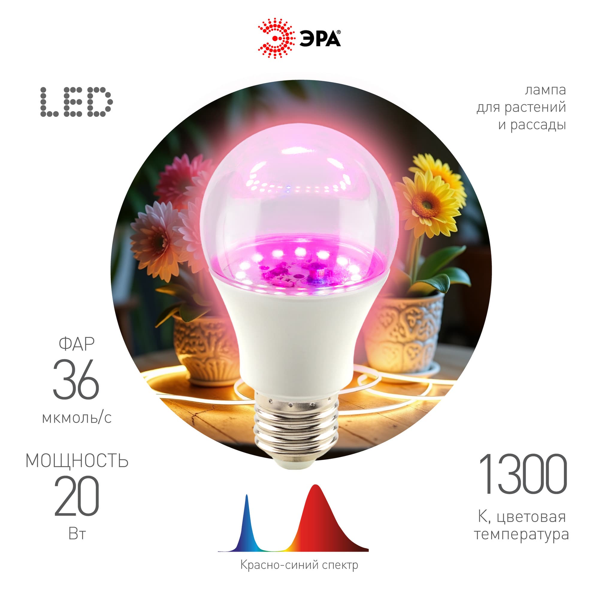 Фитолампа для растений светодиодная FITO-20W-RB-E27 красно-синего спектра 20 Вт Е27