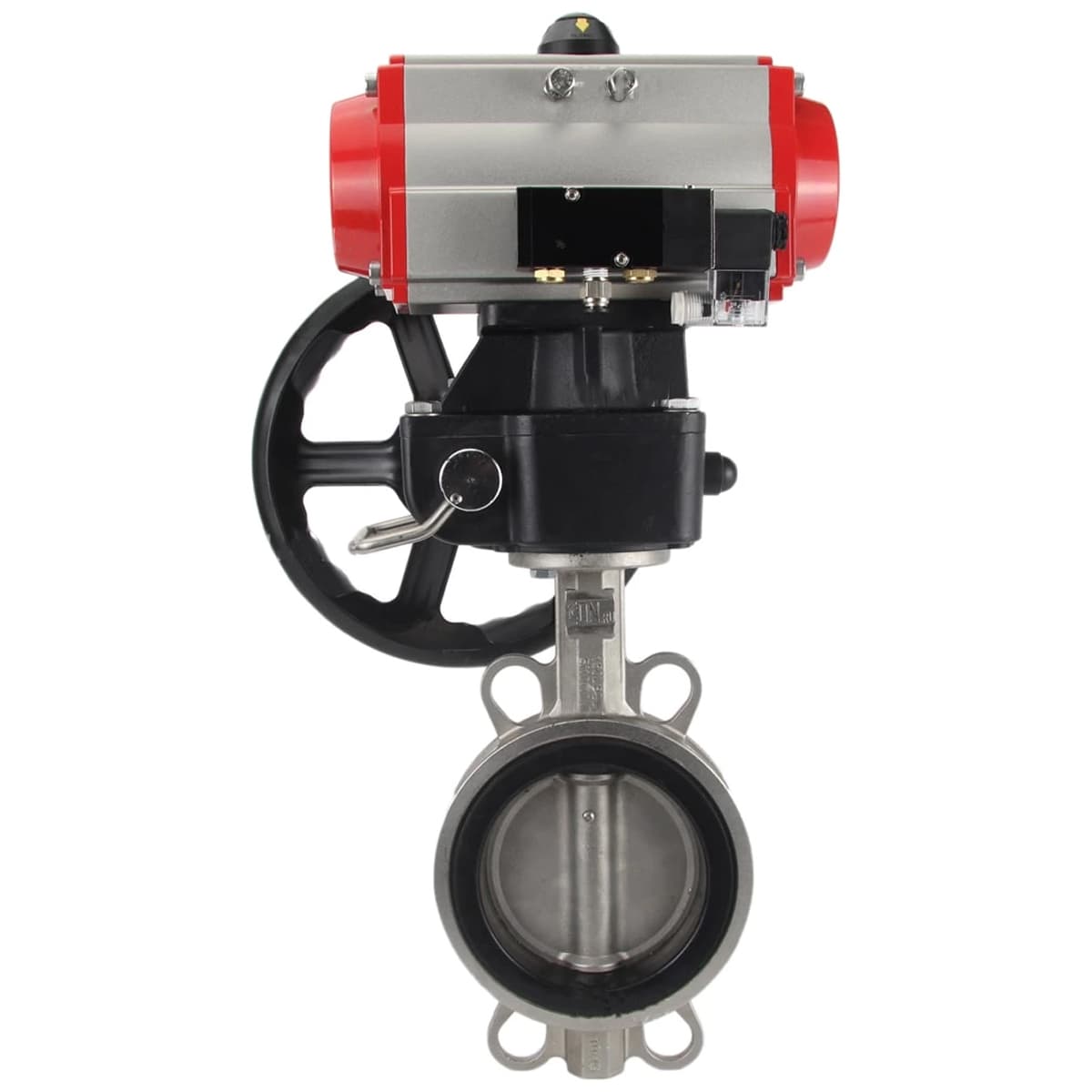 Затвор дисковый поворотный 316-316-VITON-2W-Fb Ду150 Ру16, корпус нерж. сталь 316L, диск нерж. сталь 316L, уплотнение Viton, с пн.приводом DA-105, пн.распределителем PND2-S1EM-52-1NC-J08-24VDC и ручным дублером HDM-3