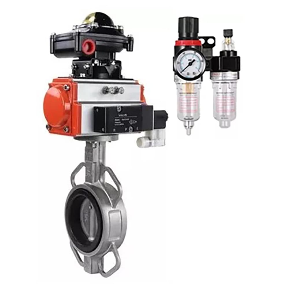 Затвор дисковый поворотный 316L-316L-VITON Ду80 Ру16, корпус и диск нержавеющая сталь 316L, уплотнение Viton, пневмопривод DA-083, пневмораспределитель PND2-S1EM-52-1NC-J08-220VAC, с БКВ LSB-510-02ExM12-250, с БПВ APU1-10-40-V08