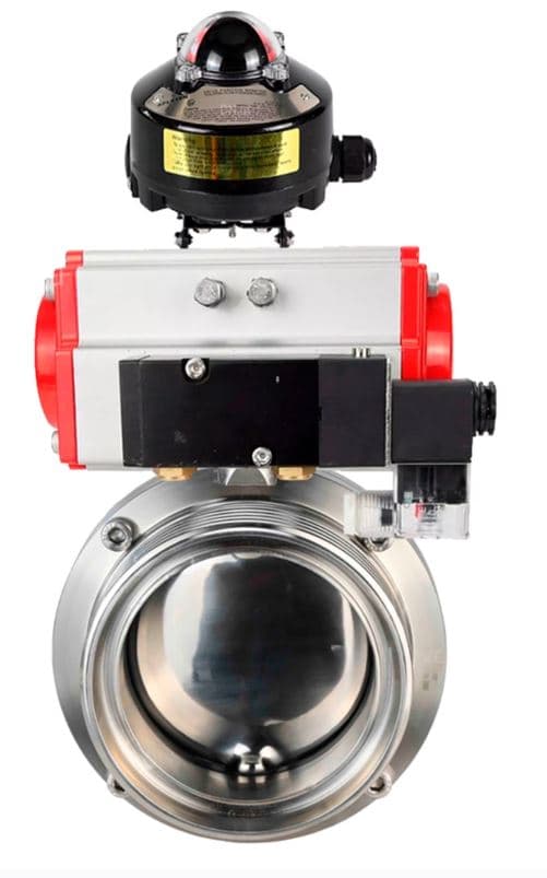 Затвор дисковый поворотный 304-304-Sil-2W-T-H Ду32 Ру10 пищевая нержавеющая сталь 304, уплотнение Silicon, с пневмоприводом SA-065, пневмораспределителем PND2-S1EM-52-1NC-J08-220VAC и БКВ LSB-510-02ExM12-250