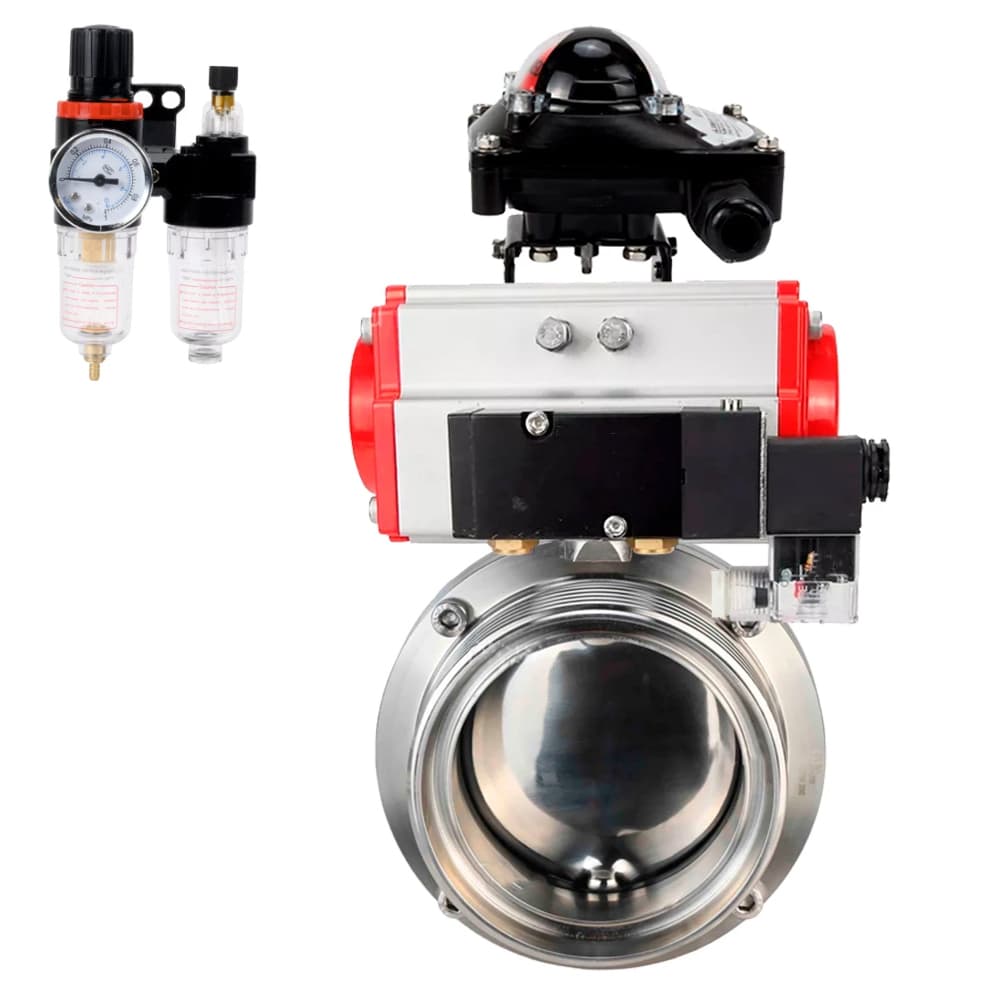 Затвор дисковый поворотный 304-304-Sil-2W-T-H Ду20 Ру10 пищевая нержавеющая сталь 304, уплотнение Silicon, с пневмоприводом DA-065, пневмораспределителем PND2-S1EM-52-1NC-J08-24VDC, БКВ LSB-210-02NM12-220/24 и БПВ APU1-10-40-V08