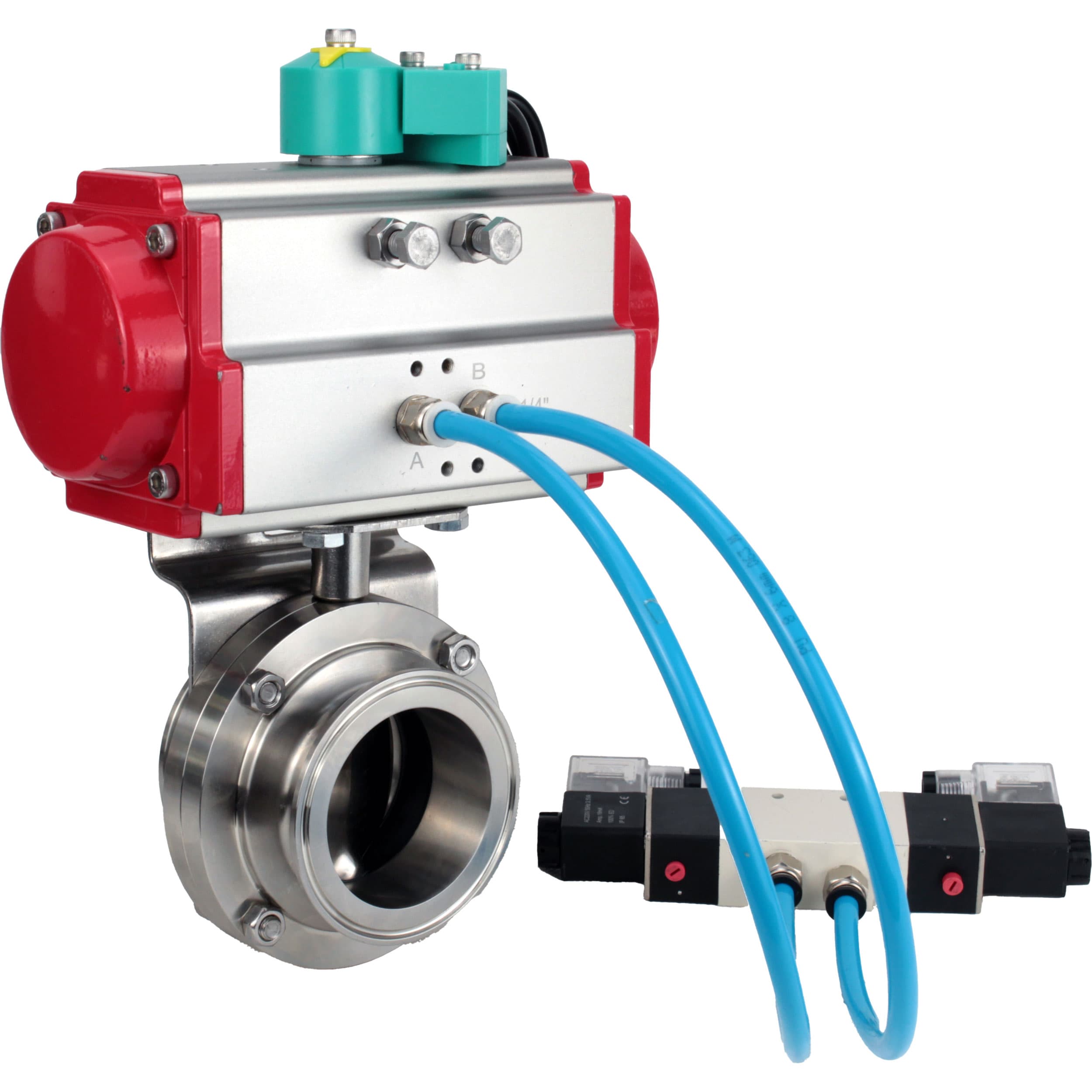Затвор дисковый поворотный кламповый DN.ru 304-304-Sil-2W-C-H Ду65 Ру10 корпус пищевая нержавеющая сталь 304, уплотнение Silicon, с пневмоприводом DA-052, пневмораспределителем PND1-S2EM-52-2-T08-220VAC и магнитным переключателем МППП-200