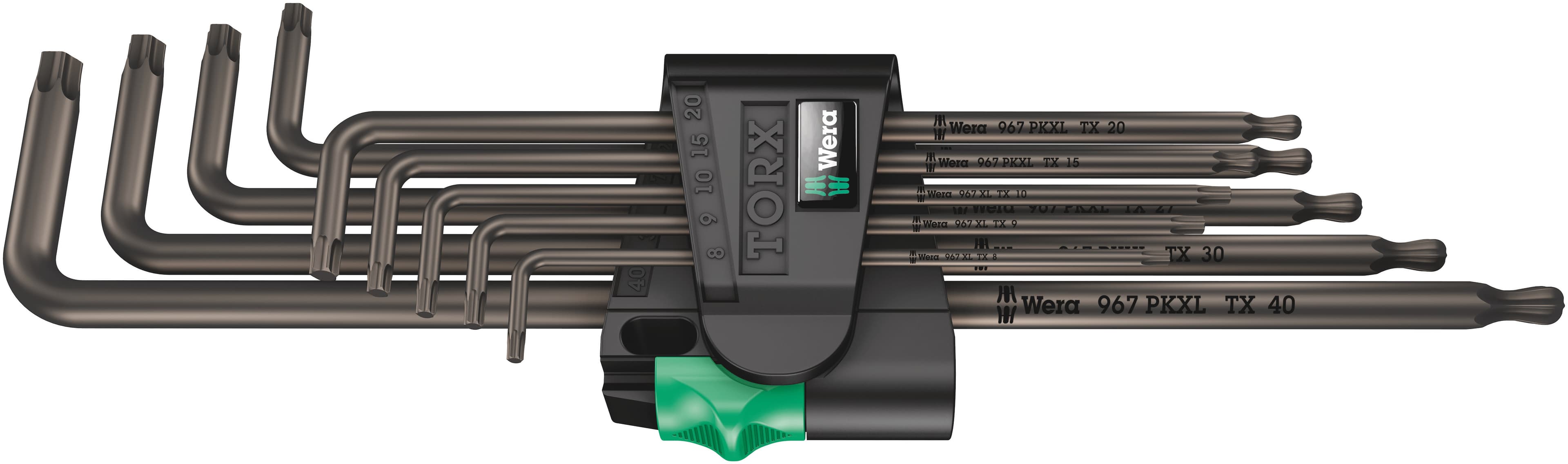 Набор Г-образных ключей 967/9 TX XL 1 TORX цинковое фосфатирование удлиненный с шаром TX 8 - TX 40 9 предметов комплектация: 3x 967 XL TORX Г-образный ключ удлиненный: TX 8x90 TX 9x101 TX 10x112 6x 967 PKXL TORX Г-образный ключ удлиненный: TX 15x123 TX 20x137 TX 25x154 TX 27x172 TX 30x195 TX 40x224