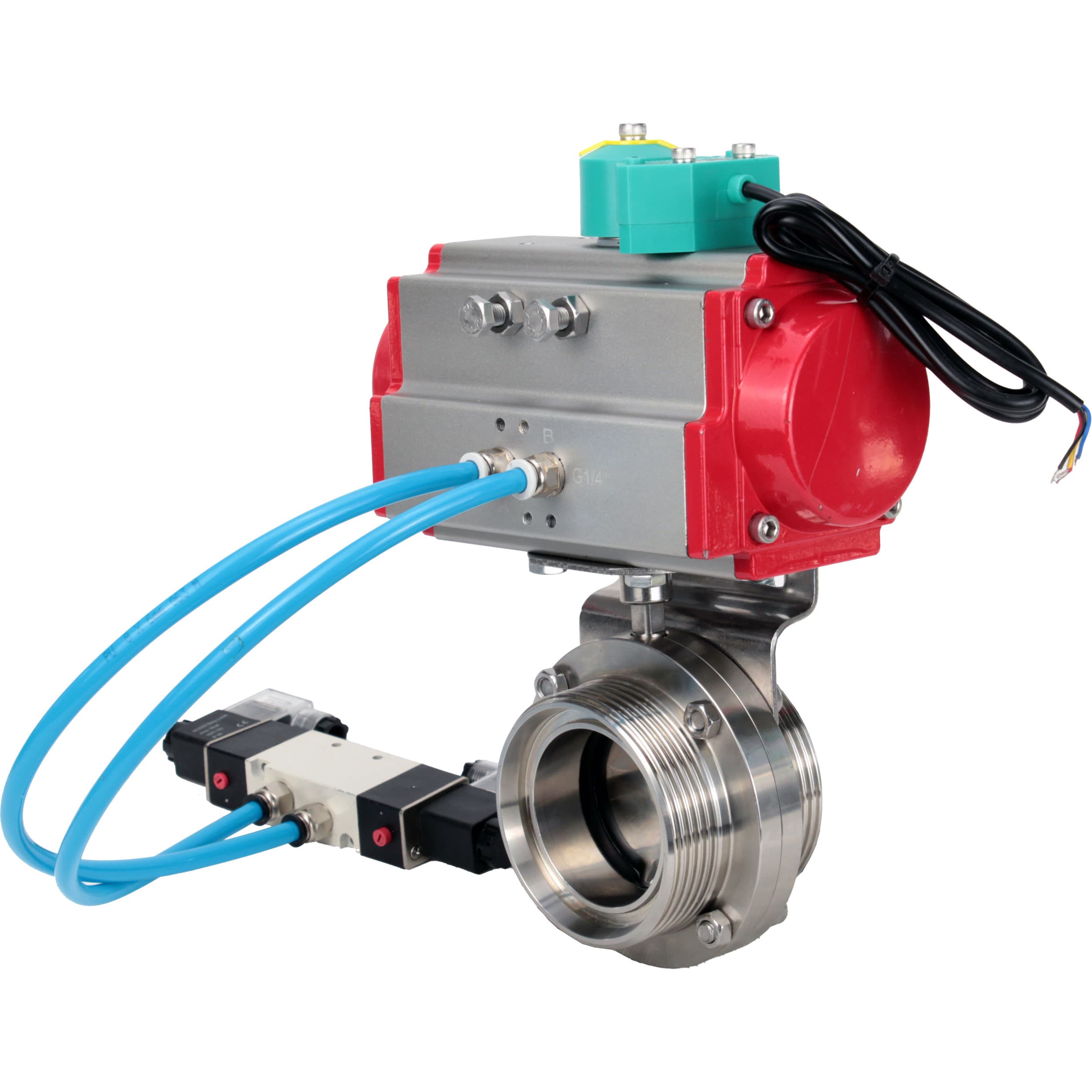 Затвор дисковый поворотный DN.ru 304-304-EPDM-2W-T-H Ду20 Ру10 резьбовой, пищевая нержавеющая сталь 304, уплотнение EPDM, с пневмоприводом DA-052, пневмораспределителем PND1-S2EM-52-2-T08-220VAC и магнитным переключателем МППП-200