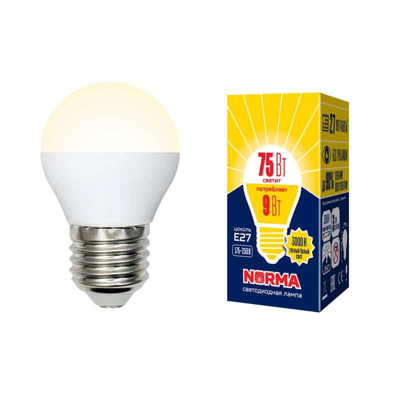 Лампа светодиодная LED-G45-9W/WW/E27/FR/NR Форма шар, матовая, Norma, теплый белый свет (3000K), картон, ТМ Volpe