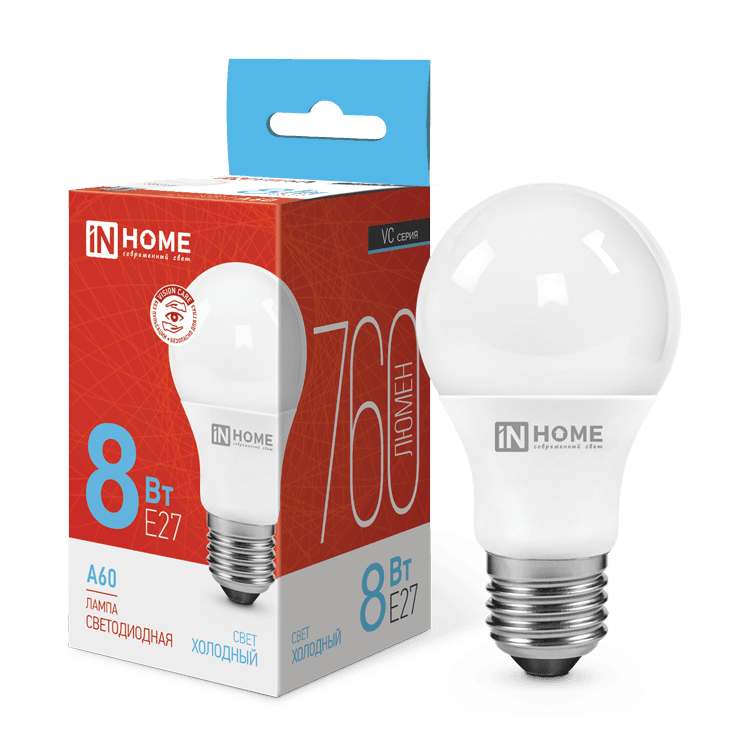 Лампа светодиодная LED-A60-VC 8Вт 230В Е27 6500К 760Лм IN HOME