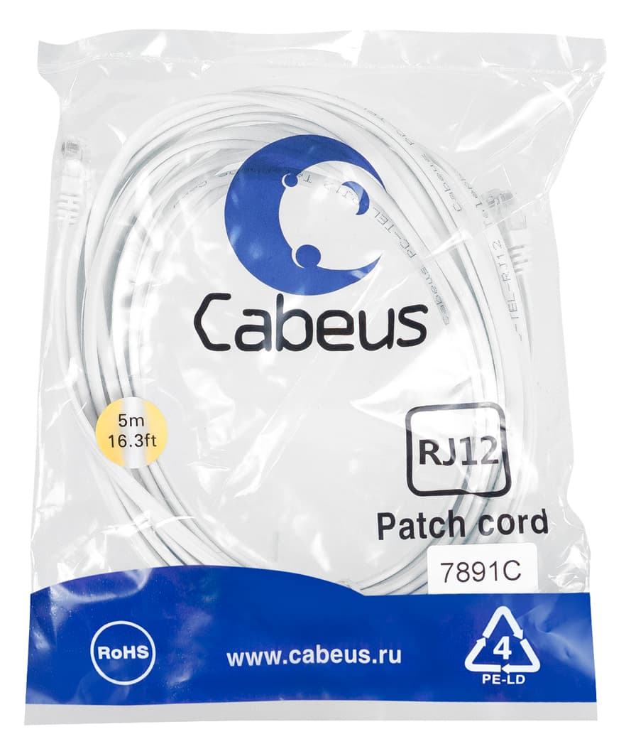 Патч-корд телефонный 2х6р4с, белый, PVC, 5 м