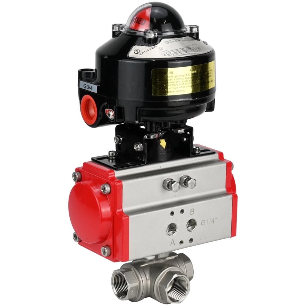 Кран шаровой RP.SS316.200.MM 1/2'' Ду15 Ру63 стандартнопроходной трехходовой L-тип, нержавеющая сталь SS316, внутренняя резьба, уплотнение PTFE, пневмопривод SA-052, БКВ LSB-510-02ExM12-250