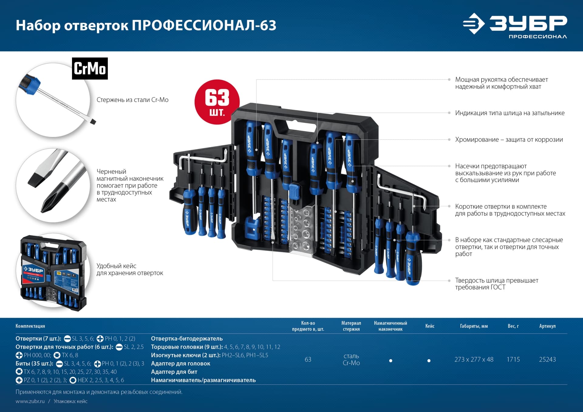 Набор отверток с насадками 63 шт, Профессионал-63
