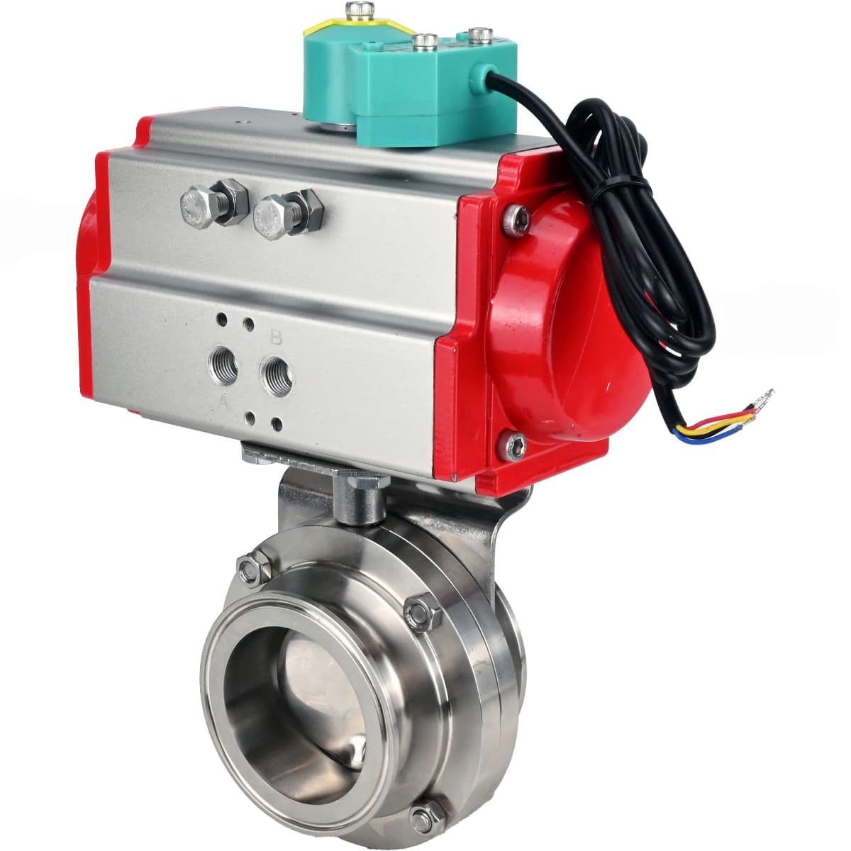 Затвор дисковый поворотный кламповый DN.ru 304-304-Sil-2W-C-H Ду65 Ру10 корпус пищевая нержавеющая сталь 304, уплотнение Silicon, с пневмоприводом DA-052 и магнитным переключателем МППП-200