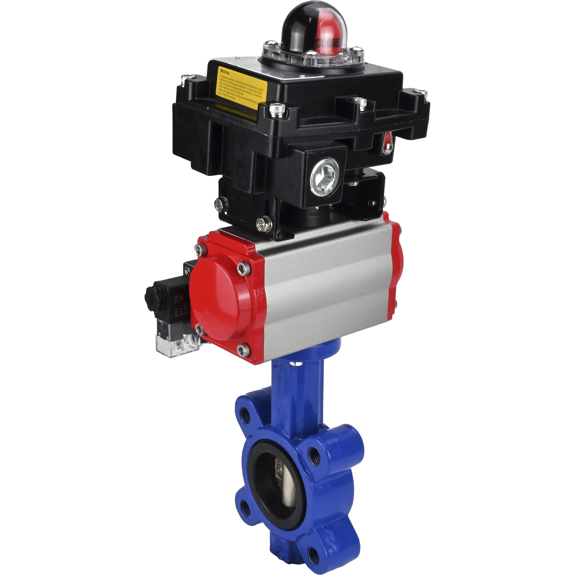 Затвор дисковый поворотный QT450-QT450-NBR-2W-Fb-H Ду50 Ру16 корпус чугун QT450, диск чугун QT450, уплотнение NBR, с пневмоприводом DA-065, пневмораспределителем PND2-S1EM-52-1NC-J08-24VDC и БКВ LSB-410-02ExM12-250