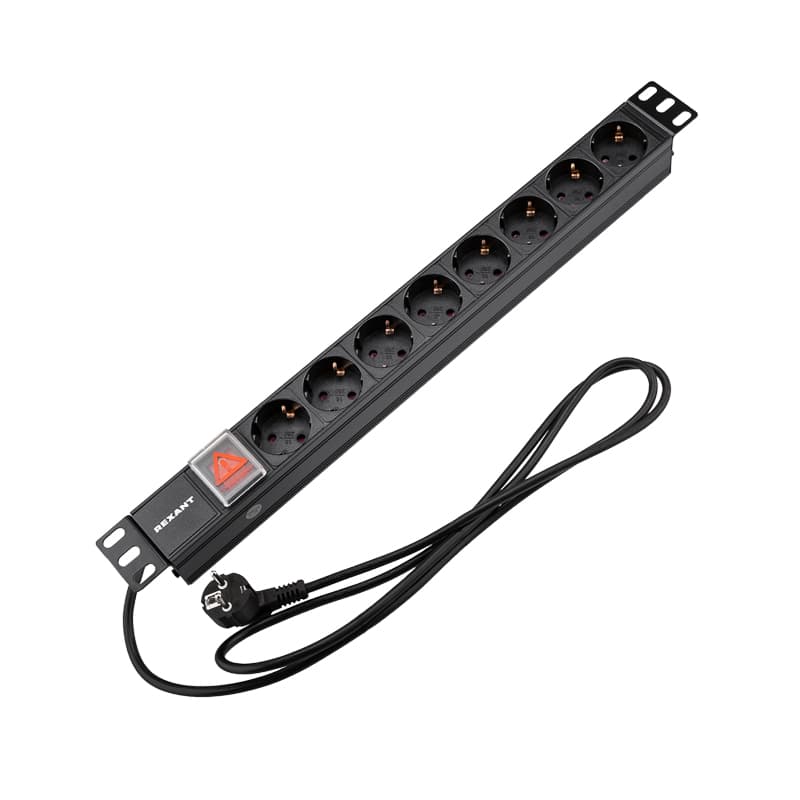 Блок розеток PDU горизонтальный 1U 8 розеток СЕЕ 7/4 Schuko 16A с выключателем шнур 2м вилка СЕЕ 7/7 Schuko черный