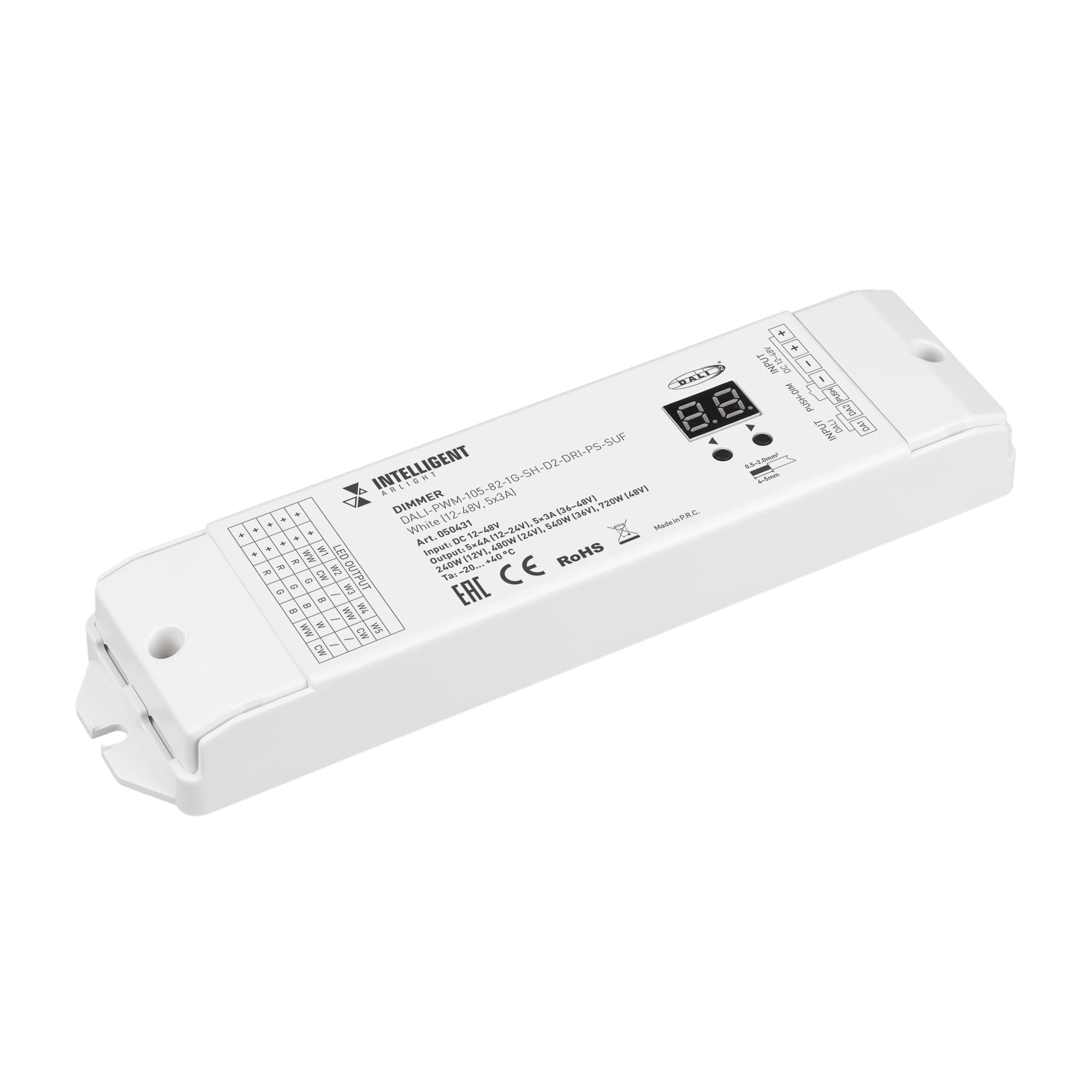 Диммер INTELLIGENT ARLIGHT DALI-PWM-105-82-1G-SH-D2-DRI-PS-SUF White (12-48V, 5x3A) (ARL, IP20 Пластик, 5 лет)