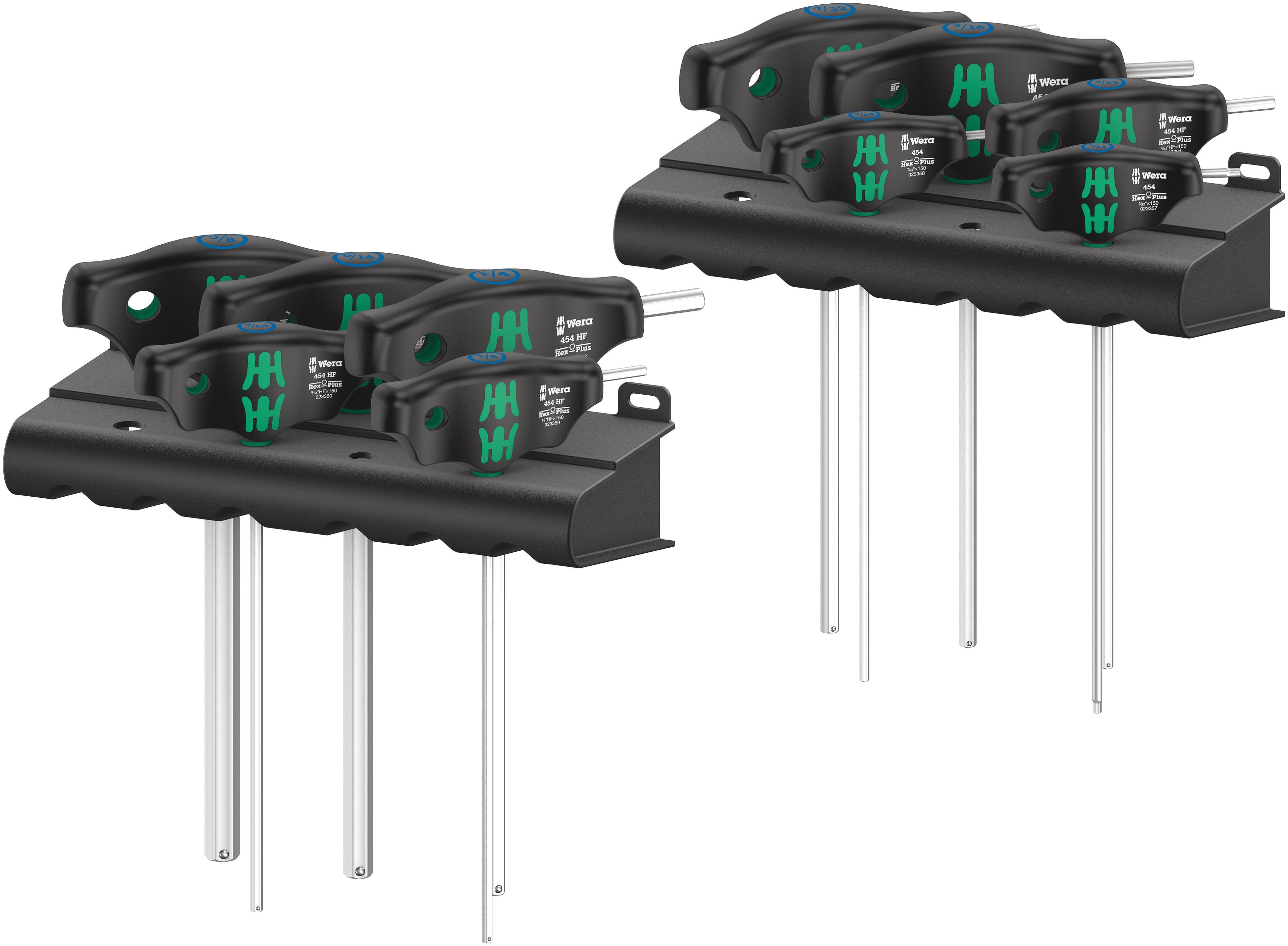 Набор отвёрток с Т-образной рукояткой 454/10 HF Set Imperial 1 Hex-Plus с функцией фиксации крепежа 3/32 - 3/8 10 предметов комплектация: 2x 454 Imperial Шестигранная отвёртка Hex-Plus с поперечной ручкой дюймовая: 3/32x150 7/64x150 8x 454 HF Шестигранная отвёртка с поперечной ручкой Hex-Plus с фиксирующей функцией дюймовая: 1/8x150 9/64x150 5/32x150 3/16x150 7/32x150 1/4x150 5/16x150 3/8x150 2x Подставка для отверток Kraftform 190 x 50 мм
