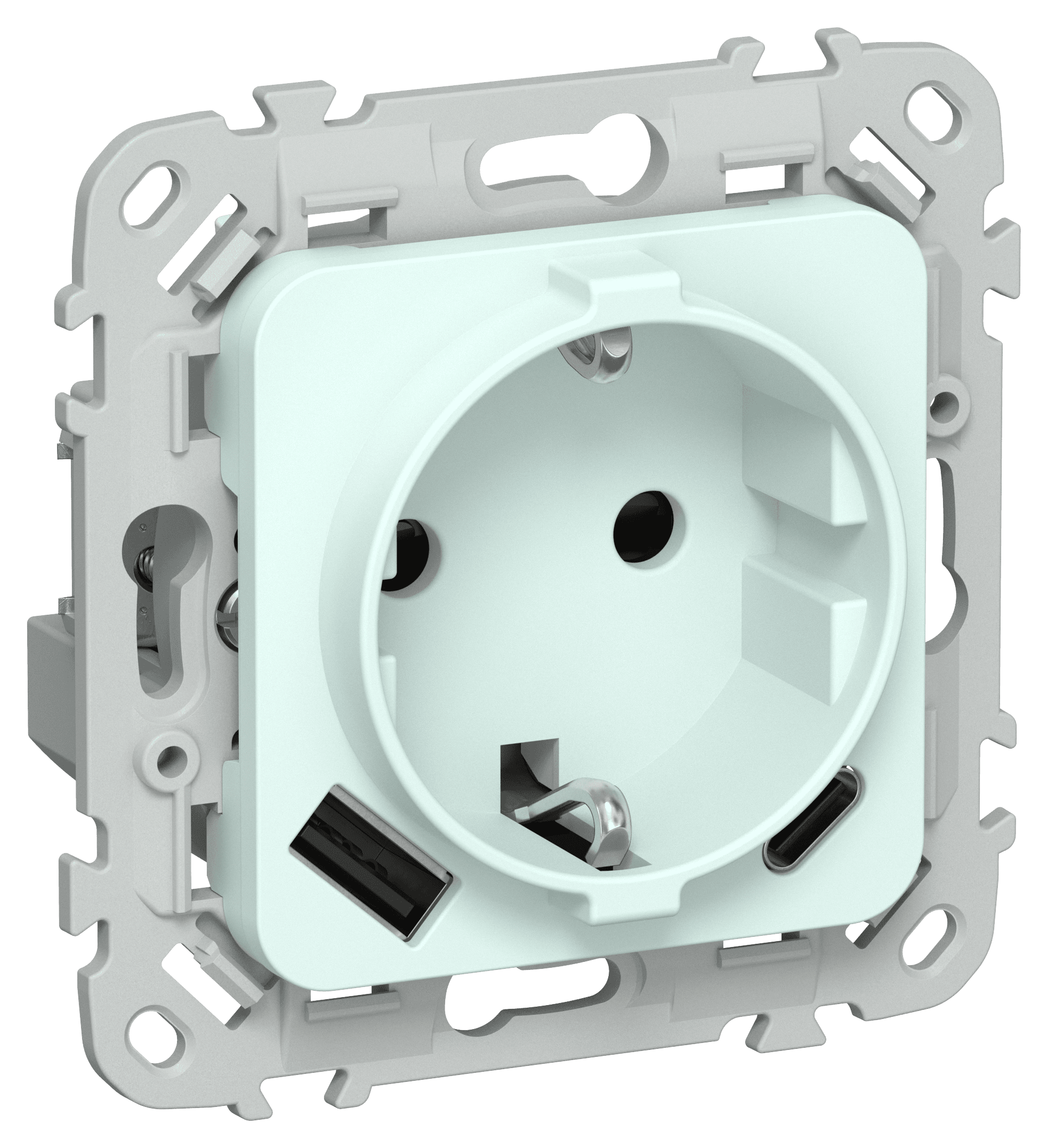 FLITE Розетка 1-местная с заземлением с защитными шторками 16А с USB A+C 20Вт безвинтовое крепление РСЮшс11-1-ФлХЛ холодный лед IEK