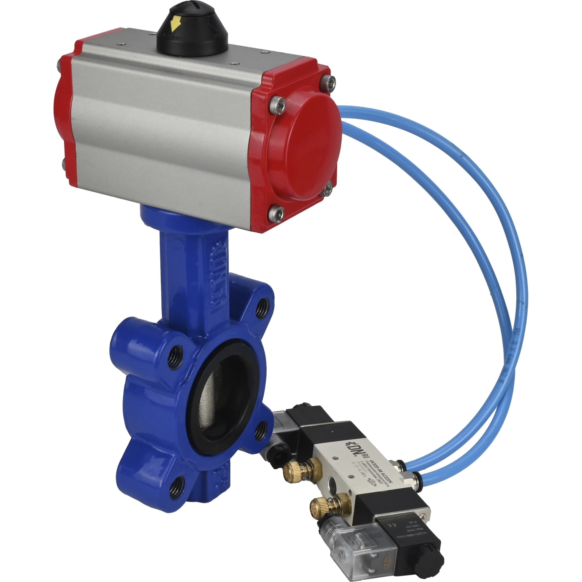 Затвор дисковый поворотный QT450-304-EPDM-2W-Fb-H Ду50 Ру16 корпус чугун QT450, диск нержавеющая сталь 304, уплотнение EPDM, с пневмоприводом SA-083 и пневмораспределителем PND1-S2EM-52-2-T08-220VAC